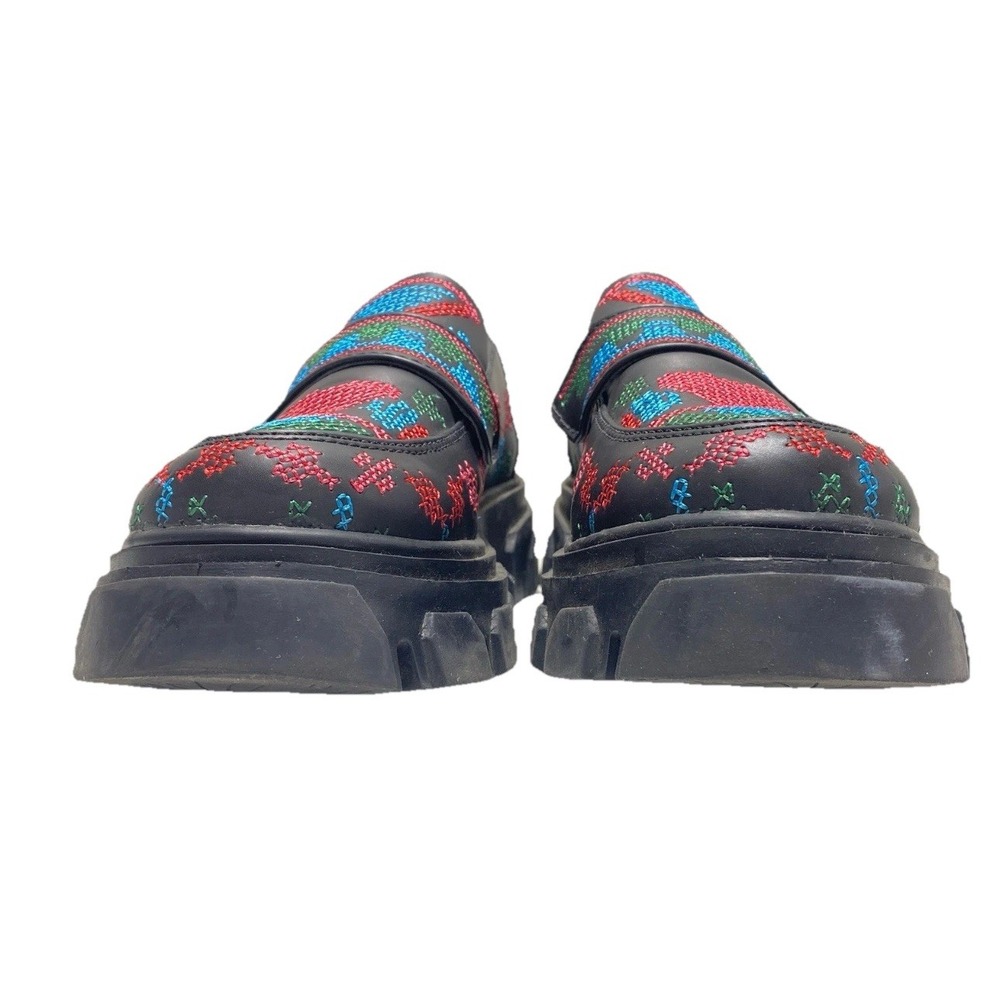FARM Rio Black Leather Embroidered Multicolor Platform Loafers - Picture 4 of 7